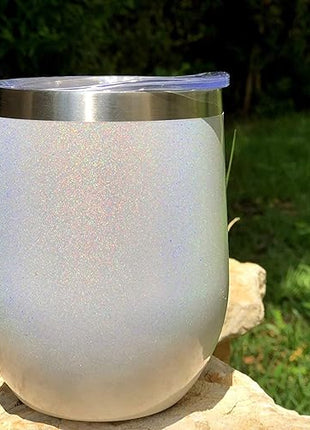 CHILLOUT LIFE 12 oz Stainless Steel Wine Tumblers 4 Pack - Double Wall Vacuum Insulated Wine Glasses Cups with Lids and Straws Set Keeping Cold & Hot for Coffee, Beer, Ice Cream - Holographic Glitter