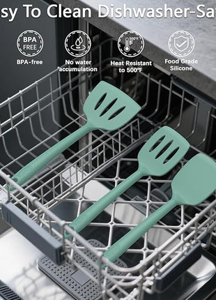 Coukre Silicone Kitchen Cooking Utensils Set with Holder – Heat-Resistant, Food-Grade Kitchen Tools, Spatula, Spoon & Gadgets for Non-Stick Pans, Dishwasher Safe (14, PureAquaGreen)