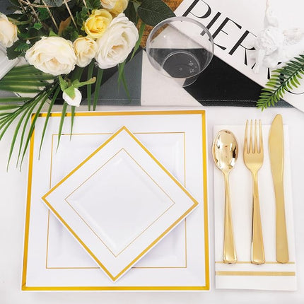 Festiva 176Pcs Gold Plates Disposable - Square Party Plates Dinnerware Sets - include Cups,Plastic Cutlery,Hand Napkins，Tablecloth for 25 Guests Party&Wedding&Christmas&Thanksgiving