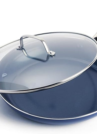 Blue Diamond 12" Nonstick Frying Pan with Lid, Diamond Infused PFAS & PTFE-Free Ceramic Skillet, Dishwasher & Oven Safe, Stay Cool Handle, Durable Non Toxic Metal Utensil Safe, Glass Lid, Blue