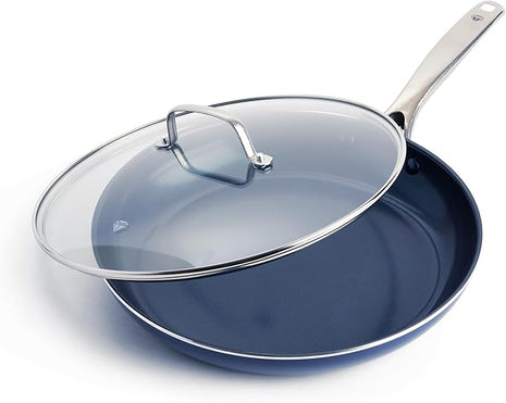 Blue Diamond 12" Nonstick Frying Pan with Lid, Diamond Infused PFAS & PTFE-Free Ceramic Skillet, Dishwasher & Oven Safe, Stay Cool Handle, Durable Non Toxic Metal Utensil Safe, Glass Lid, Blue