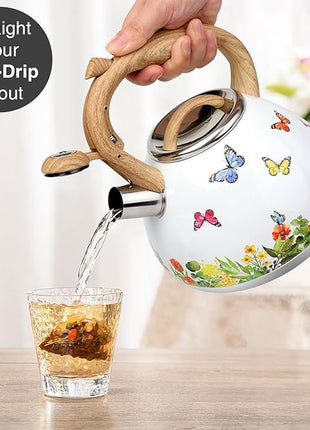 Tea Kettle, Toptier Teapot Whistling Kettle with Wood Pattern Handle Loud Whistle, Food Grade Stainless Steel Tea Pot for Stovetops Induction Water Kettle, 2.7-Quart Butterfly