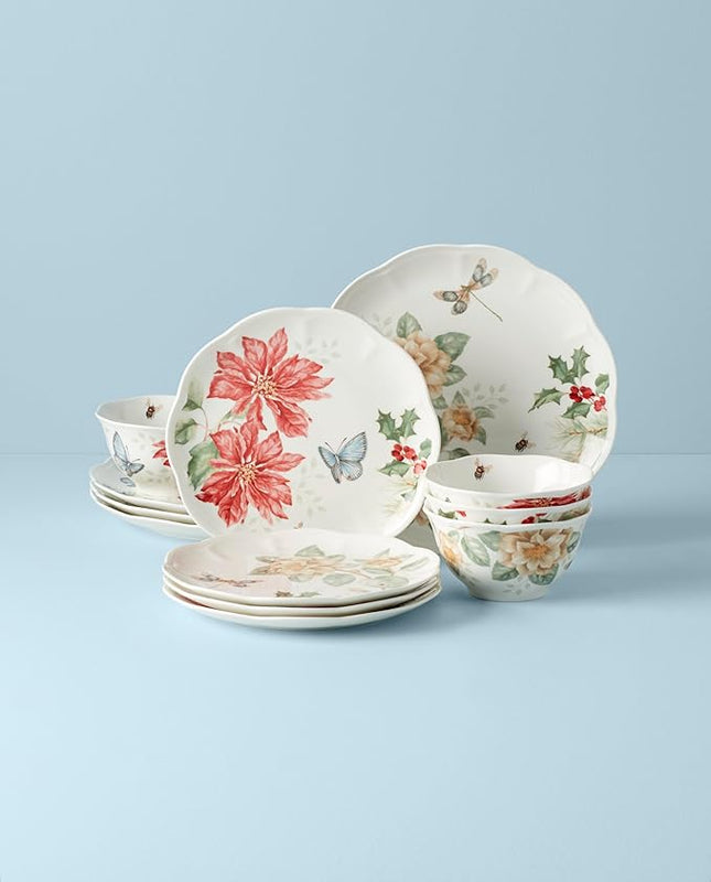 Lenox 884473 Butterfly Meadow Holiday 12-Piece Dinnerware Set, Christmas, Hosting