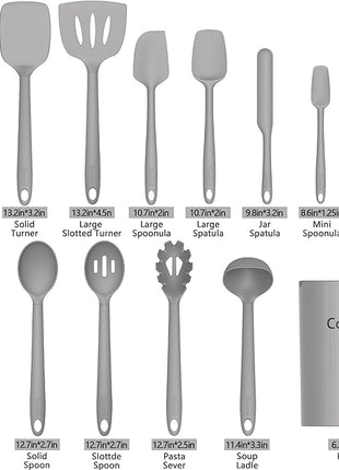 Coukre Silicone Kitchen Cooking Utensils Set with Holder – Heat-Resistant, Food-Grade Kitchen Tools, Spatula, Spoon & Gadgets for Non-Stick Pans, Dishwasher Safe (14, PureGray)