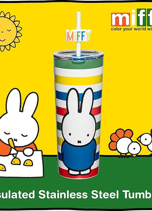 Dragon Glassware | Miffy 24 oz Vacuum Insulated Tumbler with Lid and Straw - Tumbler Cup with 2 Straws - Stainless Steel Tumbler with Straw Topper for Water, Iced Tea - Stripes