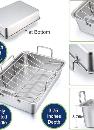 P&P CHEF 16" Roaster Roasting Pan with Baking Rack and V-shaped Rack, Stainless Steel Rectangular Lasagna Pan with Handles for Turkey Chicken, Healthy & Dishwasher Safe, 3 Pieces, Silver