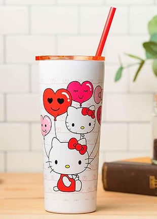 Silver Buffalo Hello Kitty Heart Balloons Double Walled Stainless Steel Tumbler with Straw, 22 Ounces