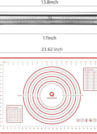 Rolling Pin and Pastry Baking Mat Set, Rolling Pins with Adjustable Thickness Rings, Stainless Steel Dough Roller for Baking Fondant, Pizza, Pie, Pastry, Pasta, Cookies (Red Mat)