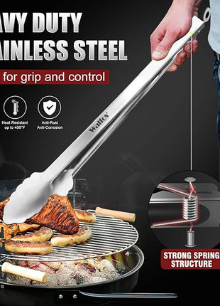 Tong for cooking, Walfos kitchen tongs set of 2 - Heat Resistant 600℉, Heavy Duty Locking Metal cooking Tongs, Stainless Steel BBQ Grilling,(All Metal 12in+16in)