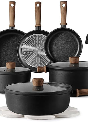 CAROTE Nonstick Pots and Pans, Induction Cookware Set Kitchen Cooking Sets, Non Stick w/Frying Pan (PFOS, PFOA Free), Black, 16pcs