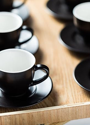 YHOSSEUN 3 Ounces Espresso Cups with Saucers Set, Porcelain Latte Cups and Metal Stand Demitasse Cups for Espresso, Latte, Cafe Mocha, Cappuccino and Tea, Set of 6, Black