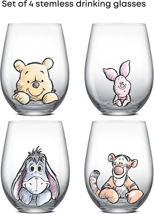 JoyJolt Disney Winnie the Pooh Exploring a Classic Stemless Drinking Glasses, 19oz Glass Cups ft Pooh Bear Tigger Piglet Eeyore, Kitchen Glassware Set of 4, Winnie the Pooh Adult Gifts