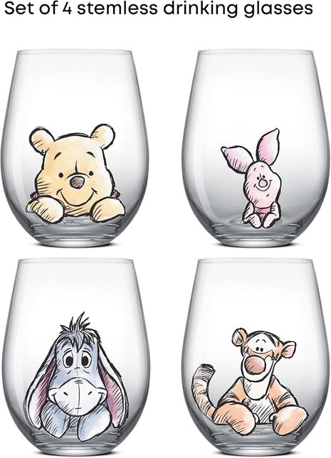 JoyJolt Disney Winnie the Pooh Exploring a Classic Stemless Drinking Glasses, 19oz Glass Cups ft Pooh Bear Tigger Piglet Eeyore, Kitchen Glassware Set of 4, Winnie the Pooh Adult Gifts