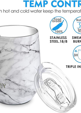 THILY Vacuum Insulated Stemless Wine Tumbler 12 oz Stainless Steel Wine Glass with Lid and Straw, Keep Cold or Hot for Coffee, Cocktails, Christmas Birthday Gift, 2 Pack(White Marble + Opal Marble)