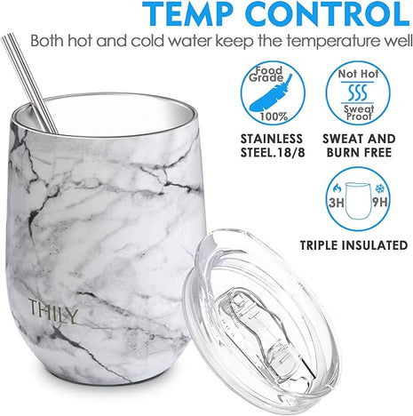 THILY Vacuum Insulated Stemless Wine Tumbler 12 oz Stainless Steel Wine Glass with Lid and Straw, Keep Cold or Hot for Coffee, Cocktails, Christmas Birthday Gift, 2 Pack(White Marble + Opal Marble)