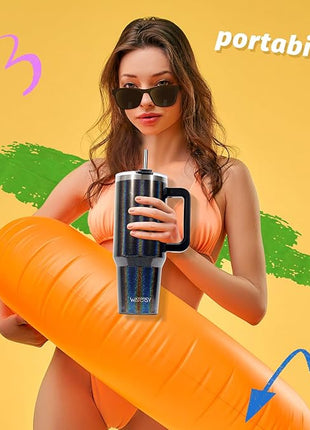 30 oz Shiny Tumbler with Handle and Straw,Stainless Steel Tumbler with Lid and Straw,Insulated Travel Mug(Cold for 34 Hours),Water Bottle for Iced Tea,Coffee (Black)