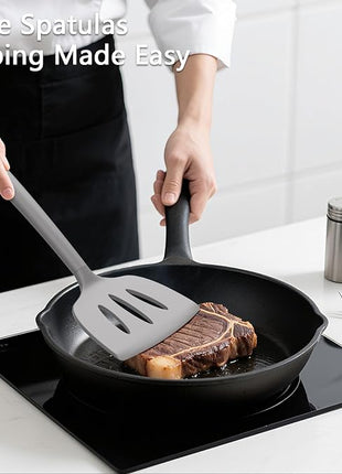 Coukre 3 Pack Silicone Spatula Set, High Heat Resistant, BPA-Free, Fish Spatula, Solid & Slotted Turner for Non-Stick Pans, Flipping Eggs, Pancakes, Fish, Burgers (3, PureGray)