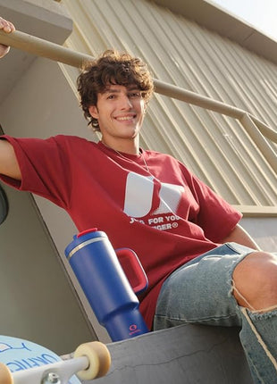 32 oz Tumbler with Handle and Straw: Stainless Steel Insulated Tumbler Keeps Cold for 24 Hours, Leakproof Travel Cup Fits in Cup Holder and BPA-Free,Beaucoup Blue