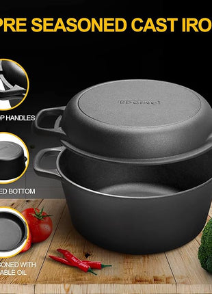 2-in-1 Pre-Seasoned Cast Iron Dutch Oven Pot with Skillet Lid Cooking Pan, Cast Iron Skillet Cookware Pan Set with Dual Handles, Indoor Outdoor for Bread/Frying/Baking/Camping/BBQ, 5 Qt