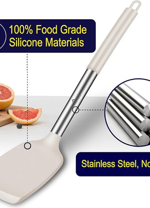 HOTEC Silicone Spatula Set of 2 Heat-Resistant 600°F & BPA-Free Kitchen SaptulaTurner with Stainless Steel Handles, Slotted & Solid Spatulas for Nonstick Cookware, 13.7 Inch, Khaki