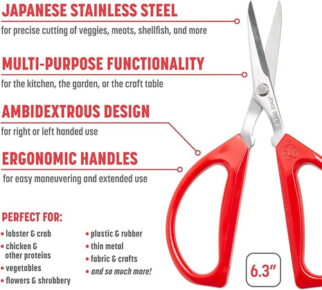 Joyce Chen Original Unlimited Kitchen Scissors All Purpose Kitchen Shears With Comfortable Handles, Red, 2 Pack