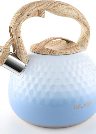 BELANKO 2.7 Quart Tea Kettle for Stovetop - Food Grade Stainless Steel with Diamond Texture, Designer Teapot Look, Cool-Touch Wood Pattern Handle, Whistling Spout - Gradient Blue