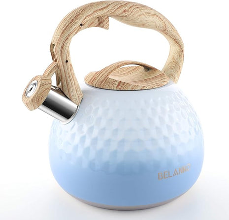 BELANKO 2.7 Quart Tea Kettle for Stovetop - Food Grade Stainless Steel with Diamond Texture, Designer Teapot Look, Cool-Touch Wood Pattern Handle, Whistling Spout - Gradient Blue