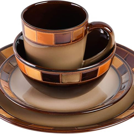 Gibson Casa Estebana 16-Piece Dinnerware Set, Service for 4 – Beige and Brown Stoneware Plates and Bowls