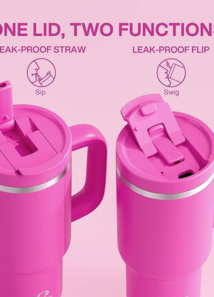 ENCOOL 32 oz Tumbler with Handle and Straw: Stainless Steel Insulated Tumbler Keeps Cold for 24 Hours, Leakproof Travel Cup Fits in Cup Holder and BPA-Free,Persian Rose