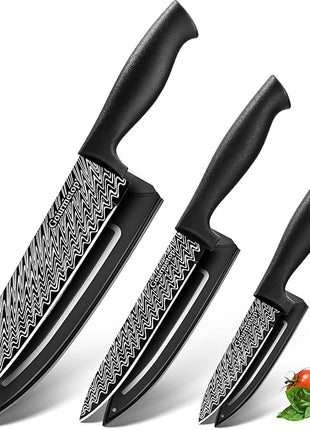 Kitchen Knife Set with Cover 3 Pcs, Black Chef Knife Set for Cooking, Sharp Kitchen Knives with Sheath, 8'' Chef Knife, 5'' Utility, 3.5'' Paring, Damascus Pattern Kitchen Knife for Cutting