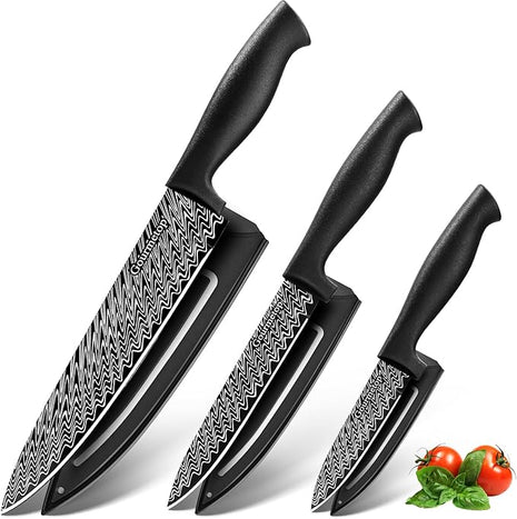 Kitchen Knife Set with Cover 3 Pcs, Black Chef Knife Set for Cooking, Sharp Kitchen Knives with Sheath, 8'' Chef Knife, 5'' Utility, 3.5'' Paring, Damascus Pattern Kitchen Knife for Cutting
