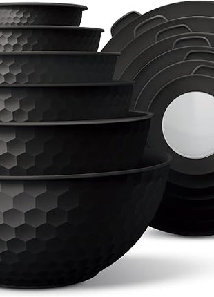 COOK WITH COLOR Mixing Bowls with Lids - 12 Piece Plastic Nesting Bowls Set includes 6 Prep Bowls and 6 Lids, Non Slip Bottom and Embossed Design - Microwave Safe (Black)