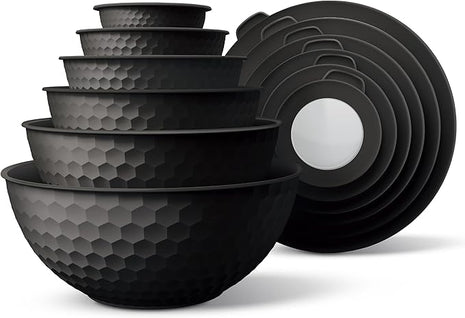 COOK WITH COLOR Mixing Bowls with Lids - 12 Piece Plastic Nesting Bowls Set includes 6 Prep Bowls and 6 Lids, Non Slip Bottom and Embossed Design - Microwave Safe (Black)