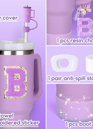 Mity rain 6PCS Cup Accessories Set for Stanley Cup 30oz 40oz tumbler with handle, Including Silicone Straw Topper Cover Cap and Boot, Spill Proof Stopper, Handle Charm, Initials Sticker (Letter B)
