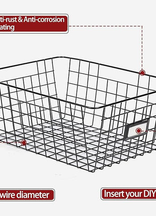 8 Set, Extra Large Wire Baskets for Organizing with Lables, Cabinet Pantry Organization and Storage Bins - Metal Basket for Kitchen, Laundry, Garage, Fridge, Bathroom Countertop Organizer, Black