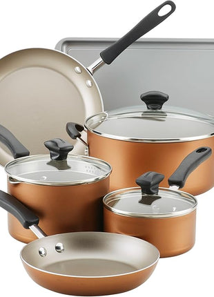 Farberware Cookstart DiamondMax Nonstick Cookware/Pots and Pans Set, Dishwasher Safe, Includes Baking Pan and Cooking Tools, 15 Piece - Copper