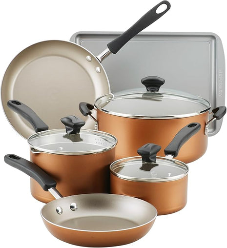Farberware Cookstart DiamondMax Nonstick Cookware/Pots and Pans Set, Dishwasher Safe, Includes Baking Pan and Cooking Tools, 15 Piece - Copper