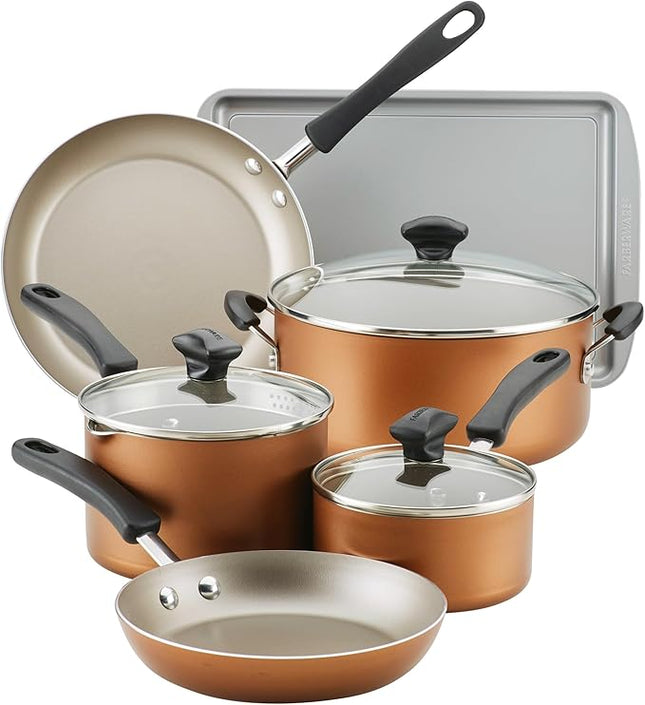 Farberware Cookstart DiamondMax Nonstick Cookware/Pots and Pans Set, Dishwasher Safe, Includes Baking Pan and Cooking Tools, 15 Piece - Copper