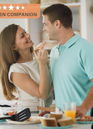 Silicone Cooking Utensils Set, Heat Resistance Large Kitchen Utensils Set with Long Wooden Handle, BPA-free Silicone Spatula, 6 Pcs Cooking Spoons for Non Stick Frying Pans and Pots（Black）