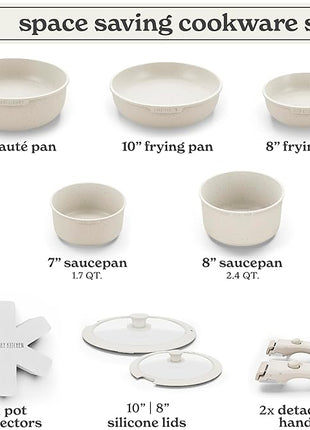 Country Kitchen Cookware Set with Removable Handle, Oven & RV Safe Pots and Pans Set, Cream, Original