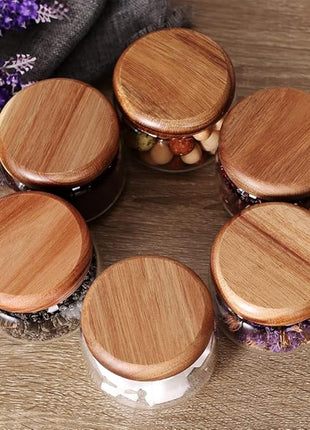 SAIOOL Kitchen Canisters Set of 6-8.5oz Glass Spice Jars With Acacia Airtight Lid and Labels Round Spice Bottles for kitchen Seasoning Baby Food Kids Snacks Meal Prep Containers Candle