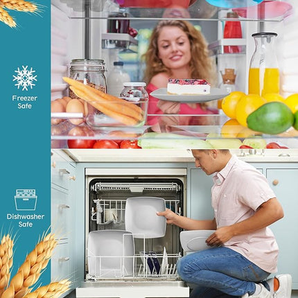 Teivio 32-piece Plastic Wheat Straw Square Dinnerware Set for 8, Unbreakable Dinner Plates, Salad Plates, Snack Bowls, Tumblers, Dishwasher Safe, Light Gray