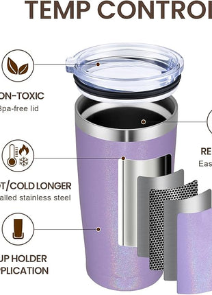 MEWAY 20oz Tumbler 8 Pack Double Wall Vacuum Insulated Travel Glitter Mug Bulk, Stainless Steel Tumblers with Lid and Straw, Powder Coated Coffee Cups for Woman(Rainbow Purple,Set of 8)