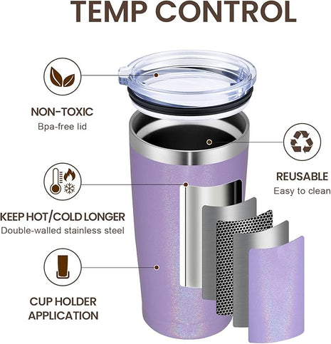 MEWAY 20oz Tumbler 8 Pack Double Wall Vacuum Insulated Travel Glitter Mug Bulk, Stainless Steel Tumblers with Lid and Straw, Powder Coated Coffee Cups for Woman(Rainbow Purple,Set of 8)