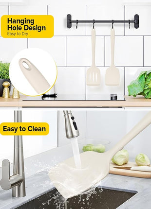 Pack of 2 Silicone Spatula Turners, Non Stick Slotted Kitchen Spatula Set, Heat Resistant BPA Free Kitchen Utensils, One-Piece Design, Suitable for Flipping Fish, Eggs, Steak, Pancakes(KHAKI)