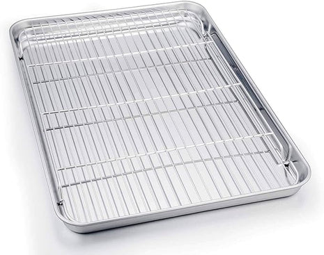 TeamFar Baking Sheet with Cooling Rack, Stainless Steel Half Size Cookie Sheet Pan and Baking Rack Set, 20’’×14’’×1’’, Non Toxic & Rust Free, Thick & Heavy Duty, Mirror Finish & Dishwasher Safe