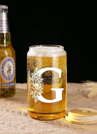 Coolife Initial Glass Cup, Monogrammed Gifts for Women, 16 oz Glass Cups w/Lids Straws, Iced Coffee Smoothie Beer Tumbler w/Straw Lid - Personalized Christmas, Birthday Gifts for Her Mom Friend Woman