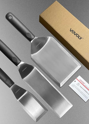 Stainless Steel Spatula Set With Full Tang Silicone Handle & Beveled Edges - Long Wide for Cast Iron Griddle BBQ Flat Top Grill, Pancake, Smash Burgers