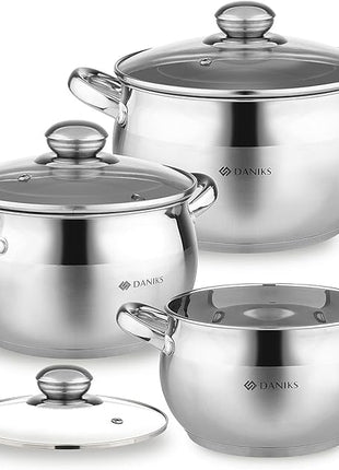 Daniks Classic 6-Piece Stainless Steel Induction Cookware Set – Dishwasher Safe Pots with Lids, Measuring Scale, Silver