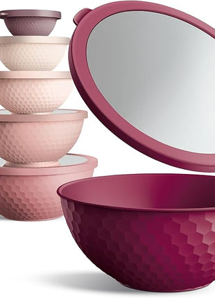 COOK WITH COLOR Mixing Bowls with Lids - 12 Piece Plastic Nesting Bowls Set includes 6 Prep Bowls and 6 Lids, Non Slip Bottom and Embossed Design - Microwave Safe (Rose)